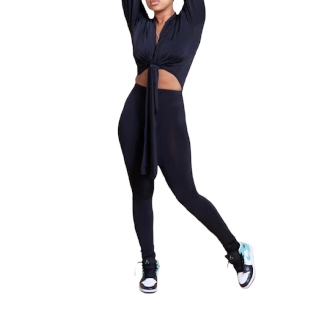 Front Tie Bishop Sleeve Leggings Set. Black. Small. NWOT